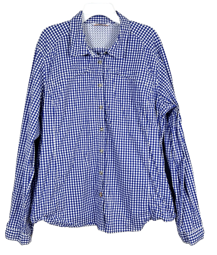 ORVIS Women's XL Shirt Gingham Check Long Roll Tab Sleeve Button Vented Fishing