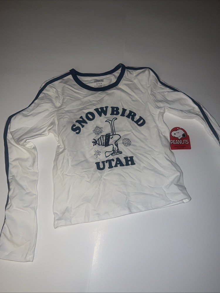 Peanuts Woodstock snowbird Utah Women’s white longsleeve T-shirt Sz S $30 New