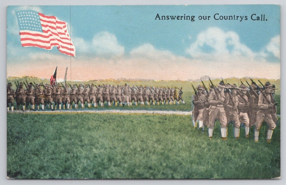 WWI Era Patriotic Postcard Answering Our Country's Call US Soldiers Flag