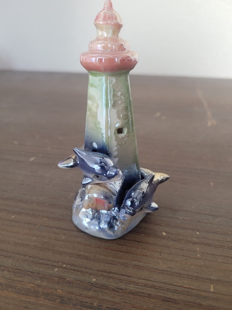 Vtg Iridescent Blue Dolphins Lighthouse Ceramic Figurine Lusterware Ocean Life