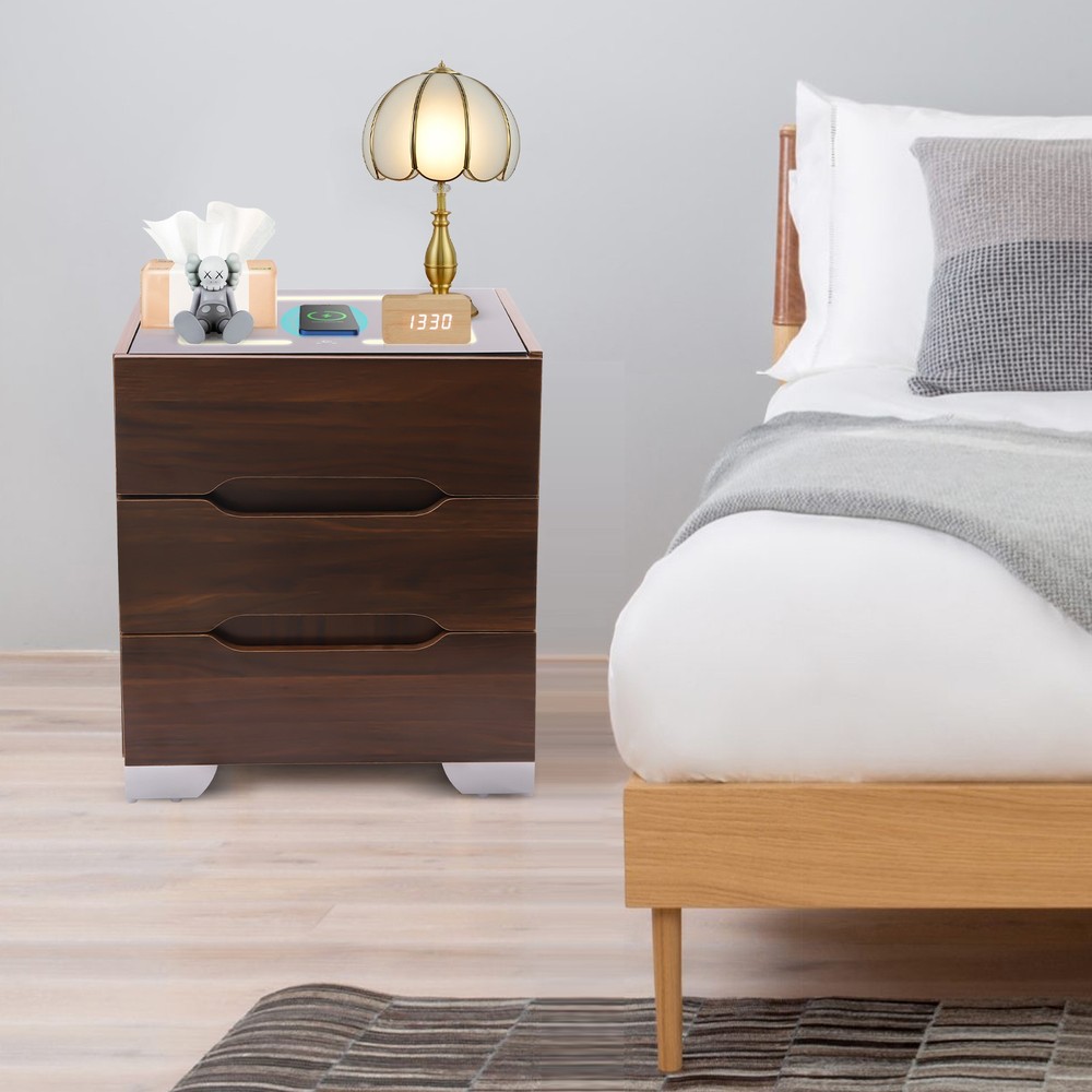 Modern Brown Wood LED Nightstand with Smart Light Bedside Table