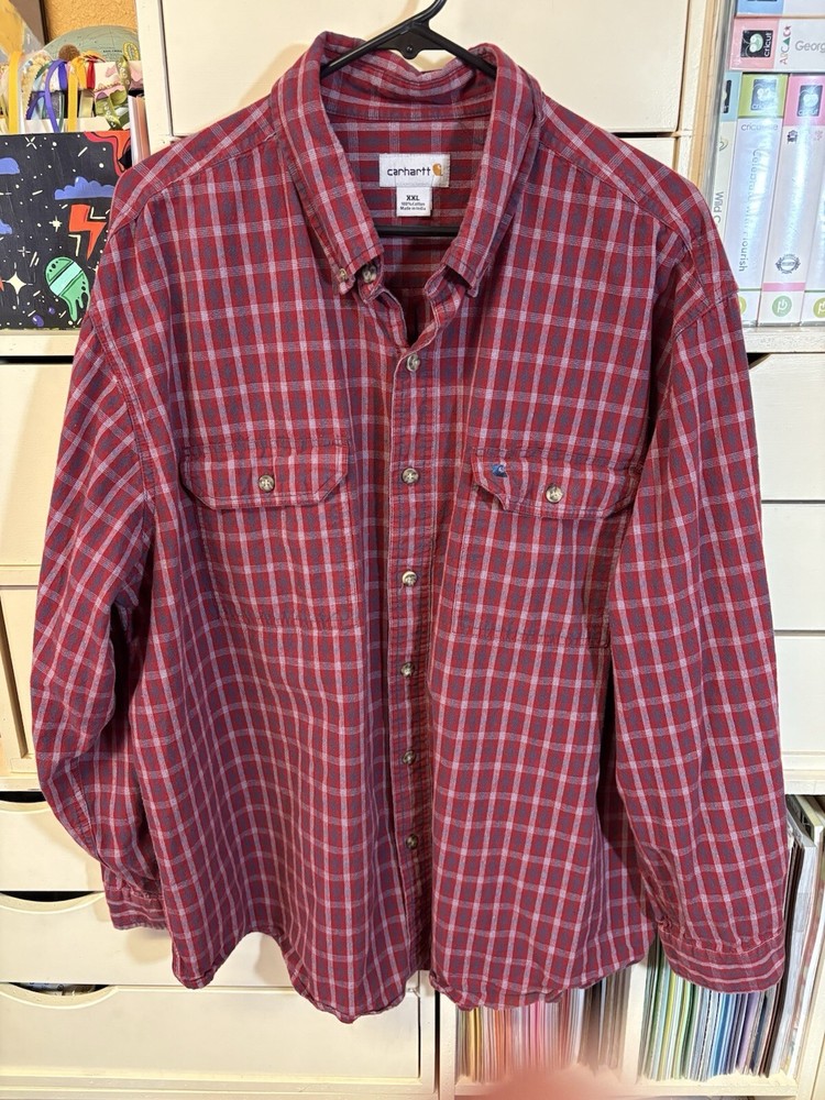 Lot Of 2 Carhartt Men’s Long Sleeve Shirts Size XXL Plaid 100% Cotton Great Co.