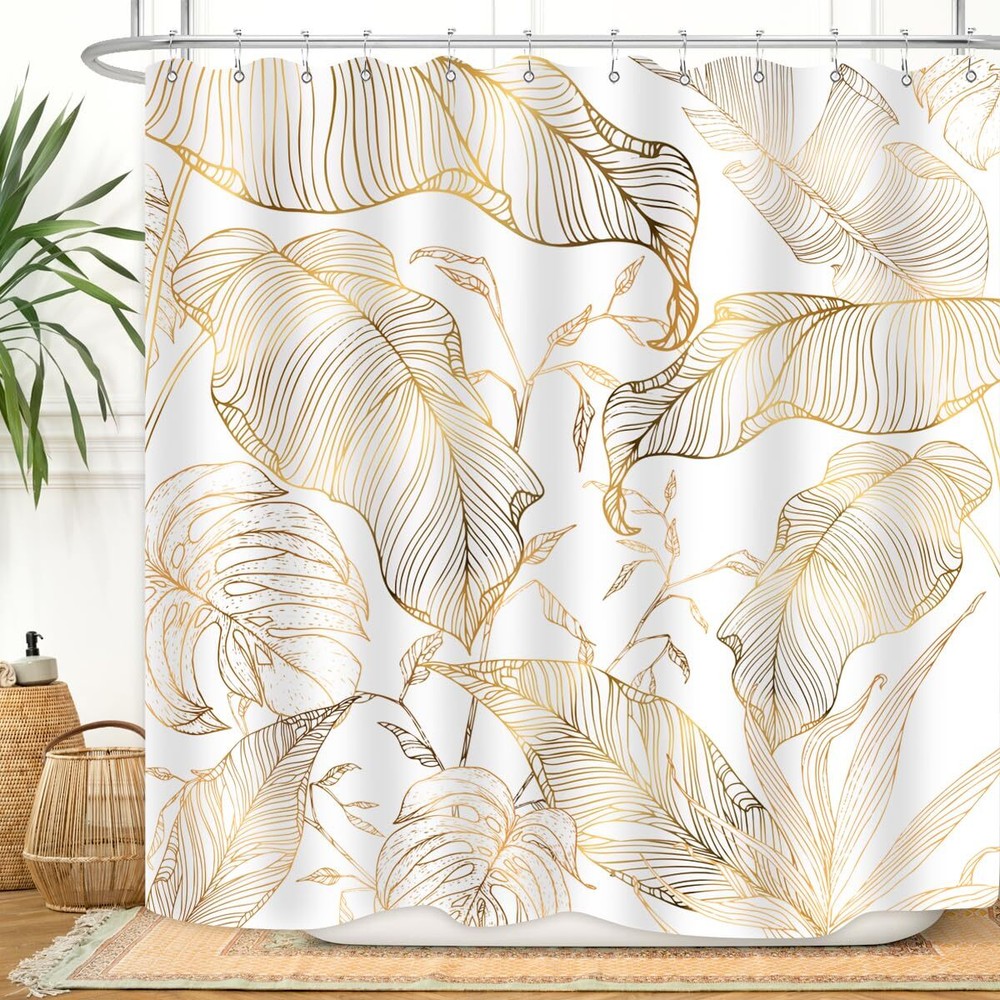 White Gold Tropical Palm Leaves Shower Curtain Abstract Banana Leaf Copper Ch...-image