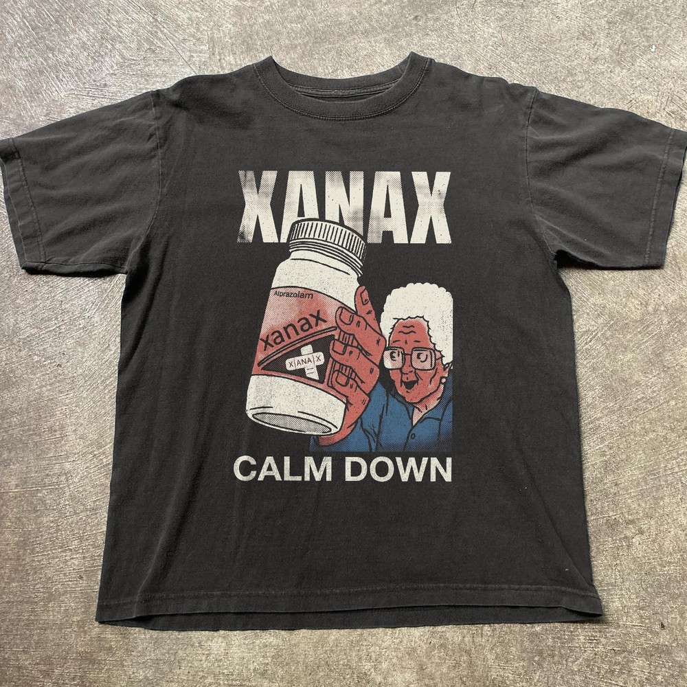 HOT! Xanax Calm Down Graphic Tee Funny Retro Unisex Black T-shirt Size S-5XL
