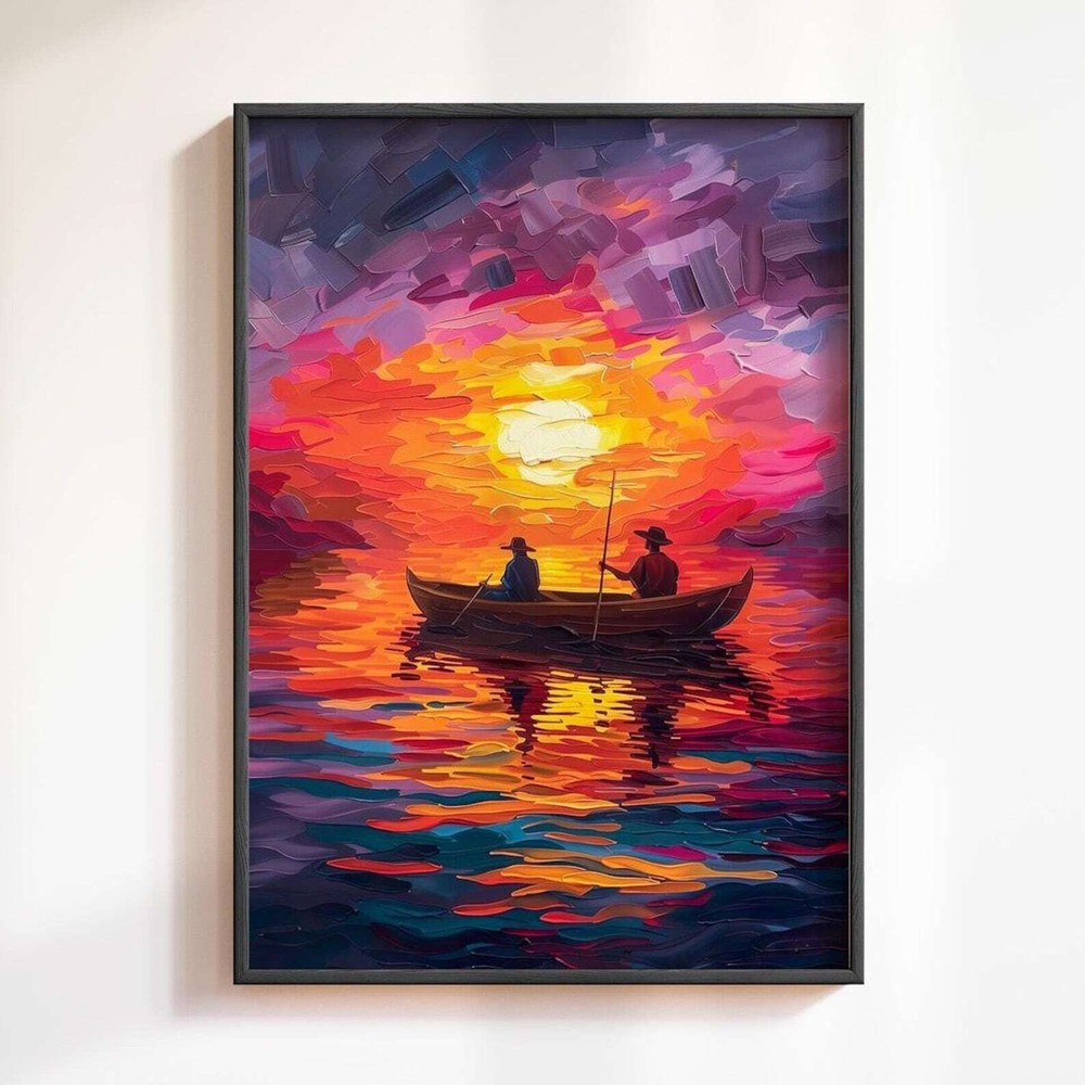 Colourful Boat Oil Painting Impasto Fishermen In Canoe At Sunset Boat Print