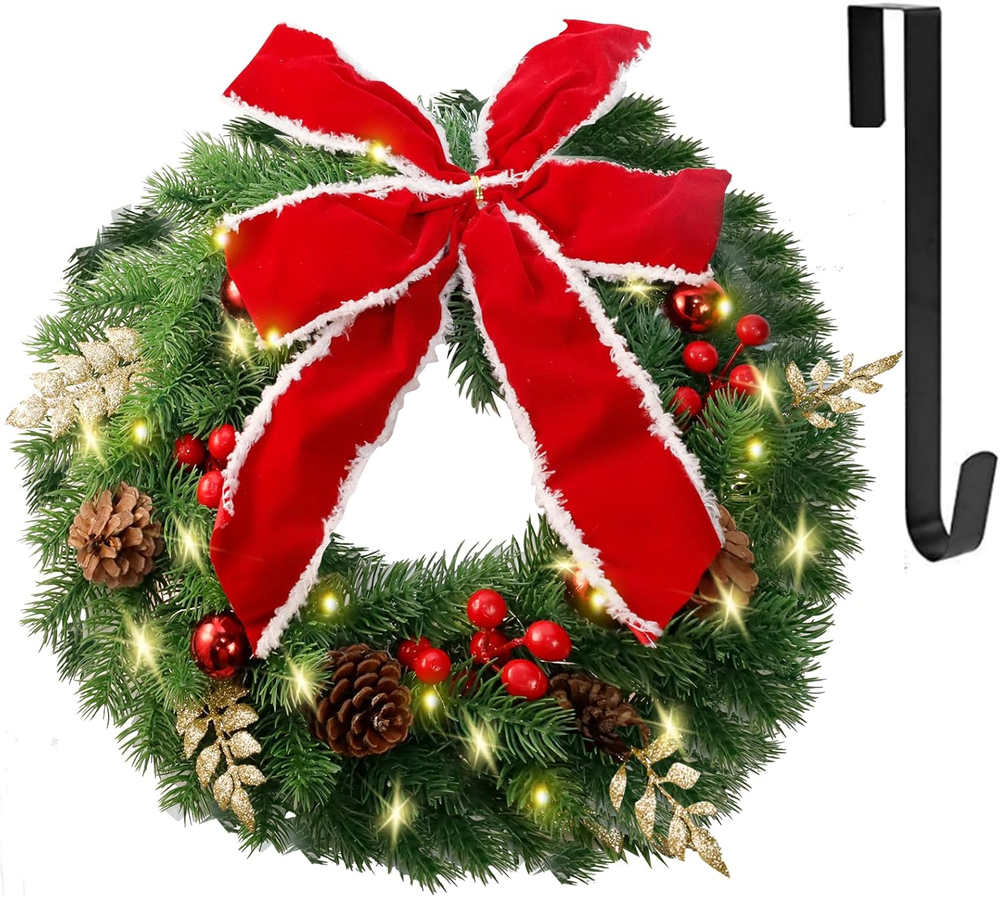 16 in Christmas Wreath with Metal Hanger, Pre-Lit Artificial Christmas Front Doo