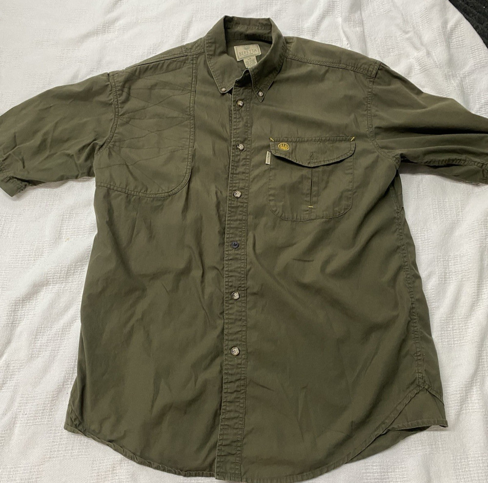 Beretta Olive Green Short Sleeve Shooting Shirt Size Large 1 Button Replaced