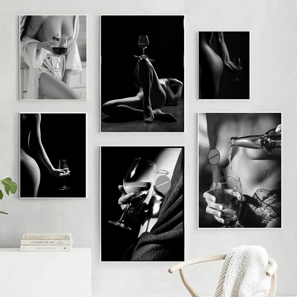 Sexy Women with Wine Glass Canvas Painting Sexy Women Body Canvas Wall Art Mural