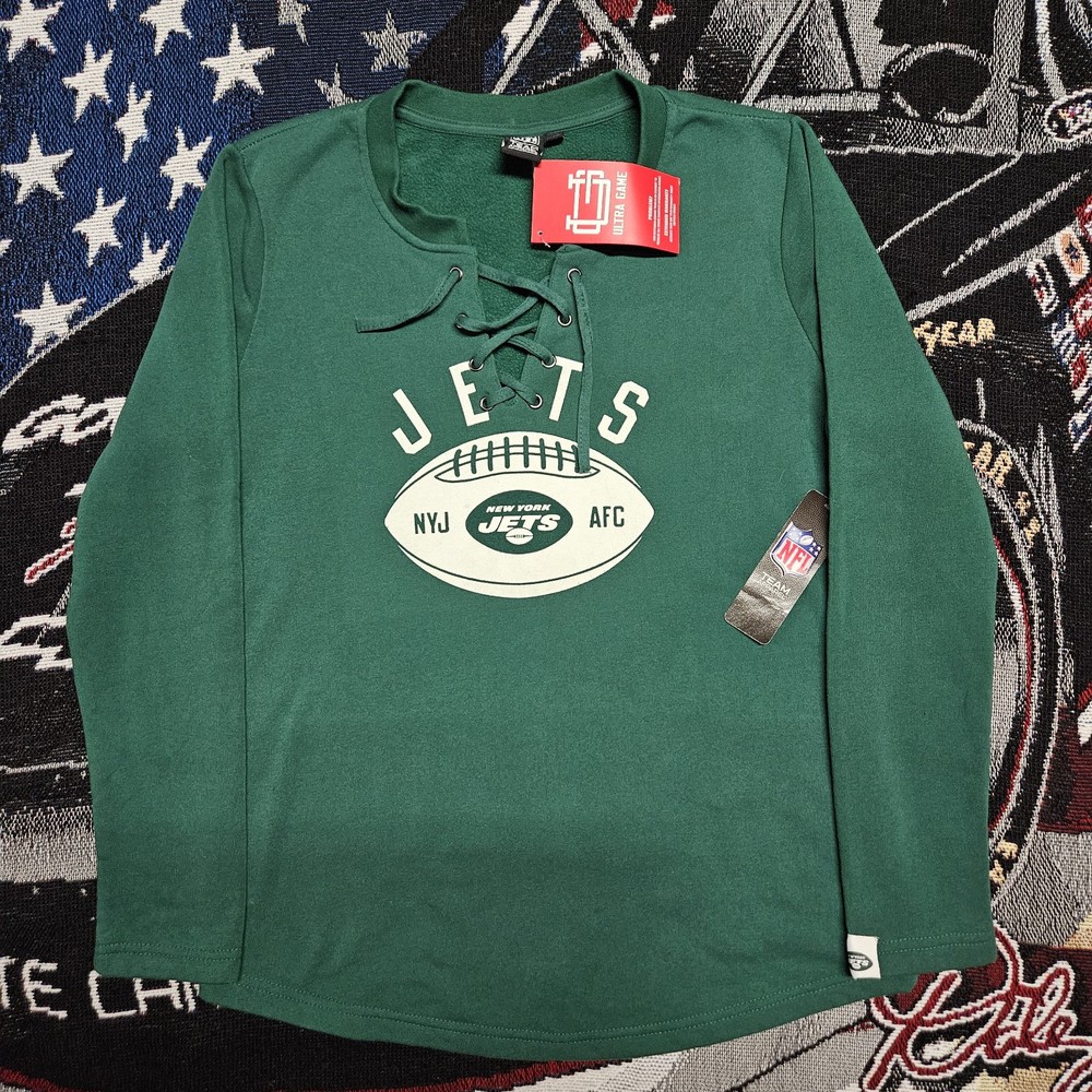 New York Jets NFL Womens Large Fleece Lace Long Sleeve Sweatshirt NWT