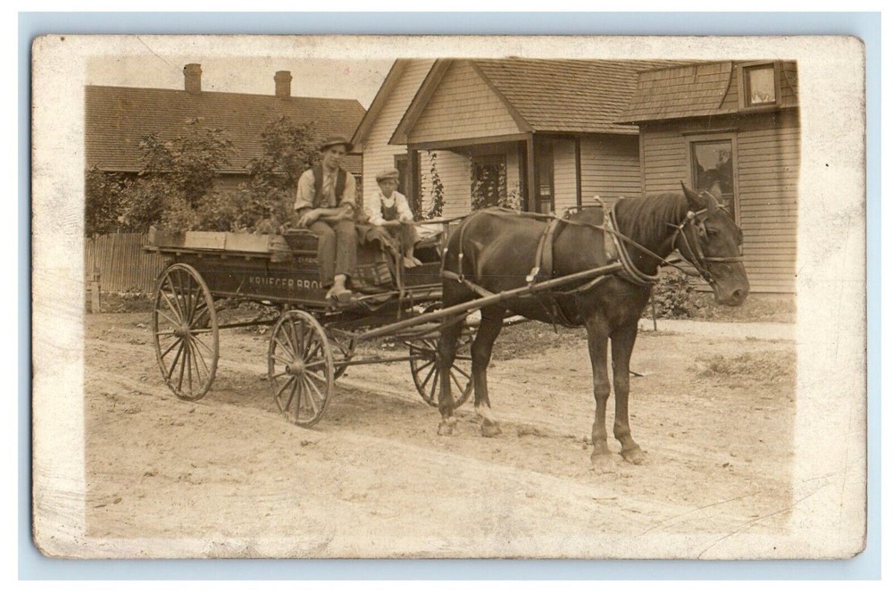 c1910's Horse And Wagon Krueger Bros Boy Child RPPC Unposted Photo Postcard