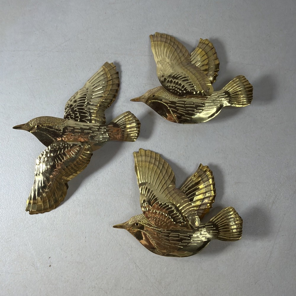 Vtg Brass Flying Birds Sparrows Home Interior Wall Hanging MCM Decor Set of 3