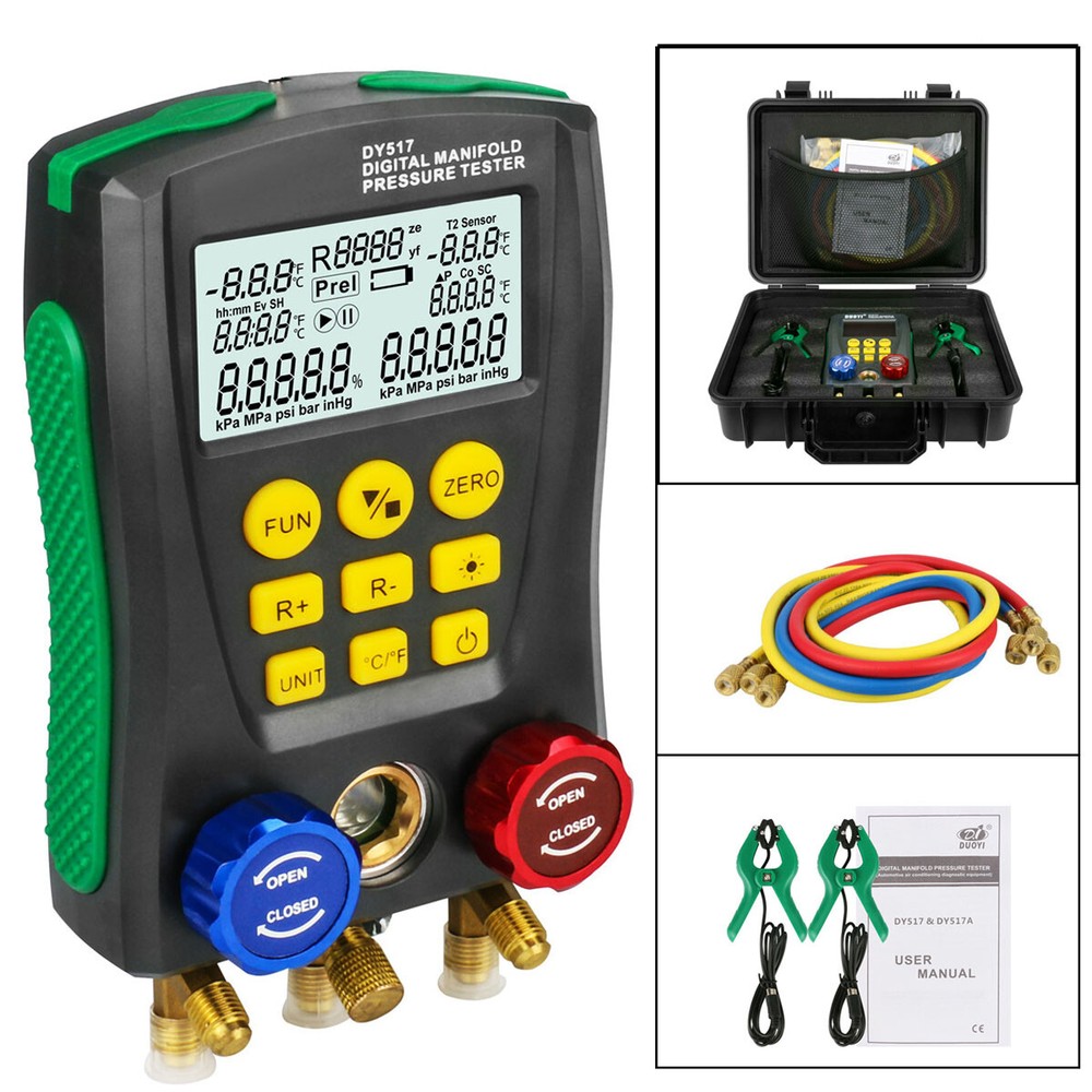 Refrigeration Digital Manifold Gauge Set HVAC Vacuum Gauge +Temp Sensor Hoses