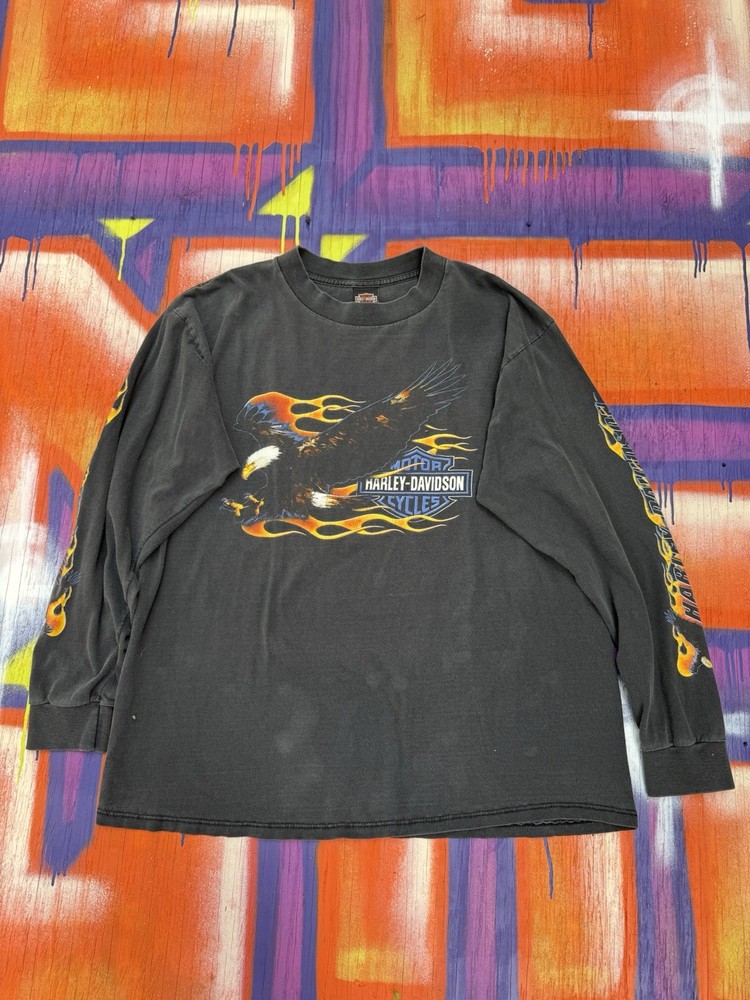 Vintage Harley Davidson Shirt Mens XL Black Long Sleeve Eagle Flames USA 90s