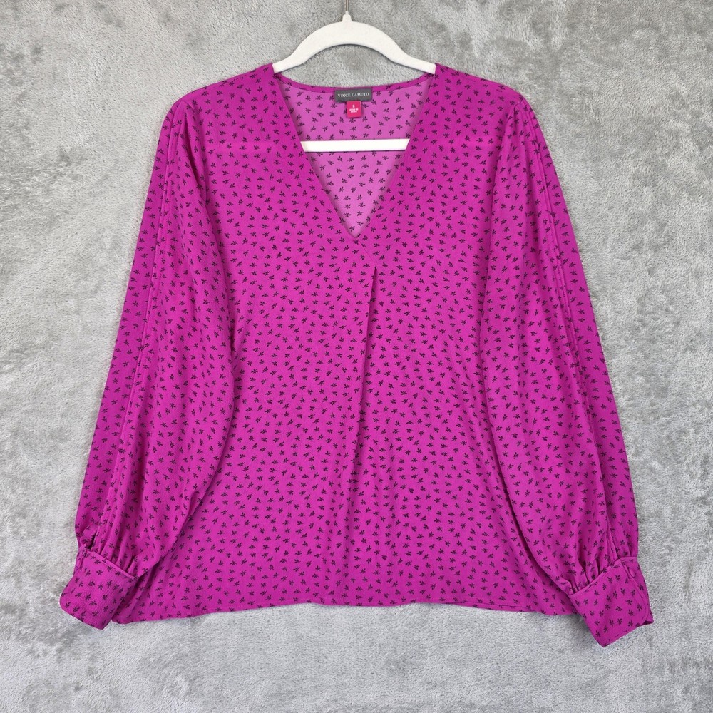 Vince Camuto Blouse Womens S Pink V Neck Long Balloon Sleeve Floral Print Top