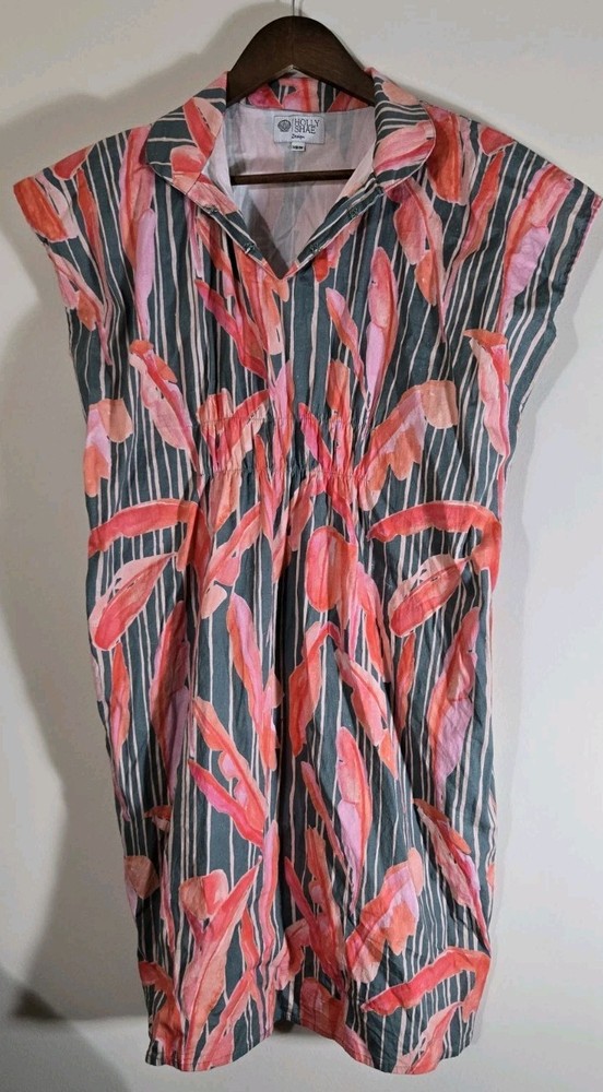 Holly Shae Banana Leaf Dress Caftan Sz S M  Pullover Front Rusching Pockets