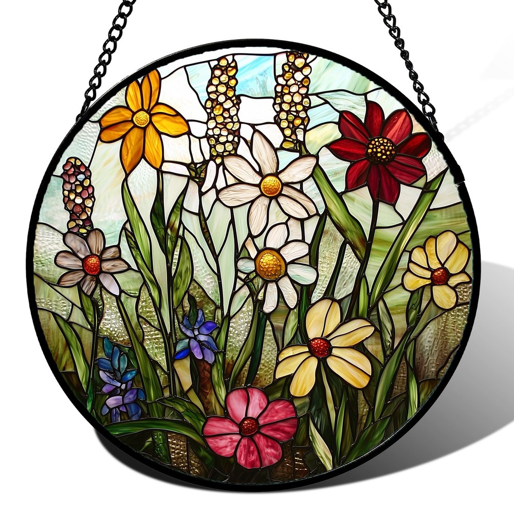 Stained Glass Window Hanging, Colorful Wildflowers Plant Scenery Suncatcher f...