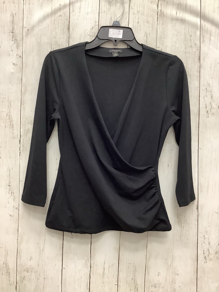 Ann Taylor Black Faux Wrap V-Neck Blouse - Ruched Side, 3/4 Sleeve - Size SP