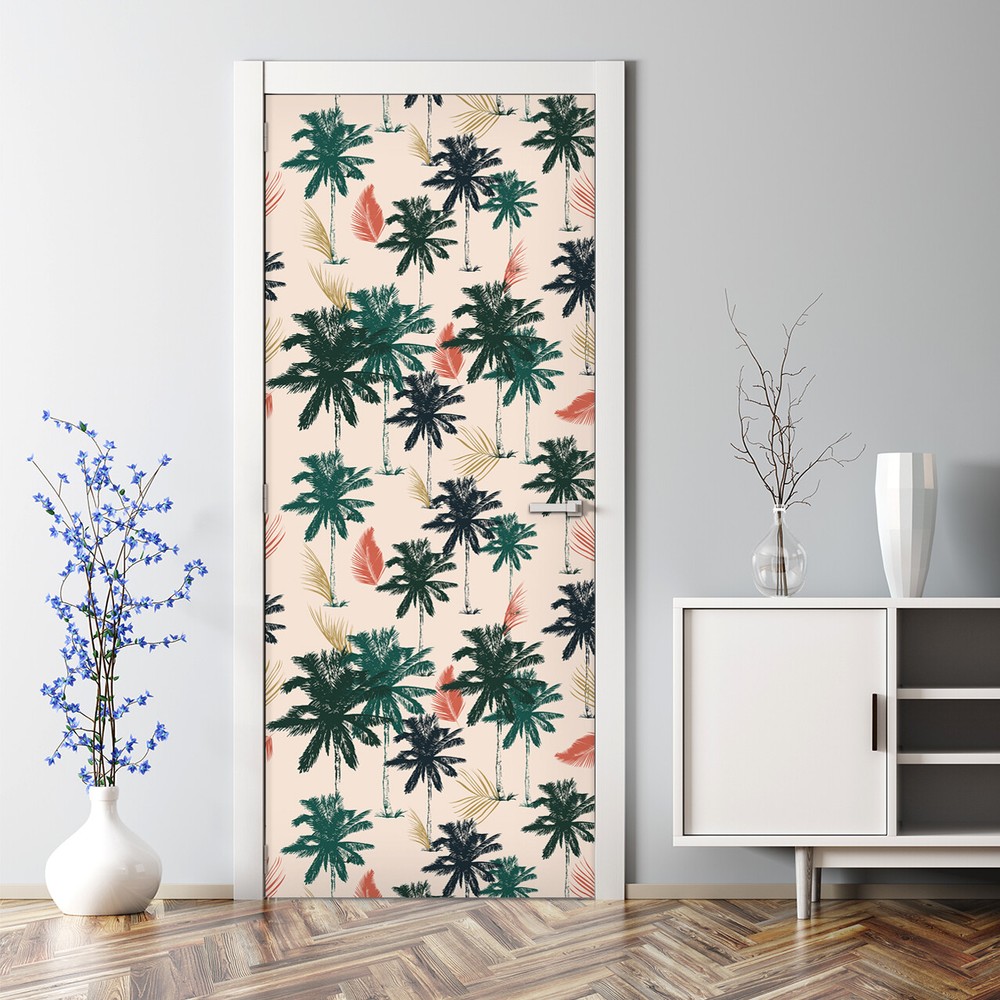 Tropical palms Bubble Free Door sticker green and pink Home Decor