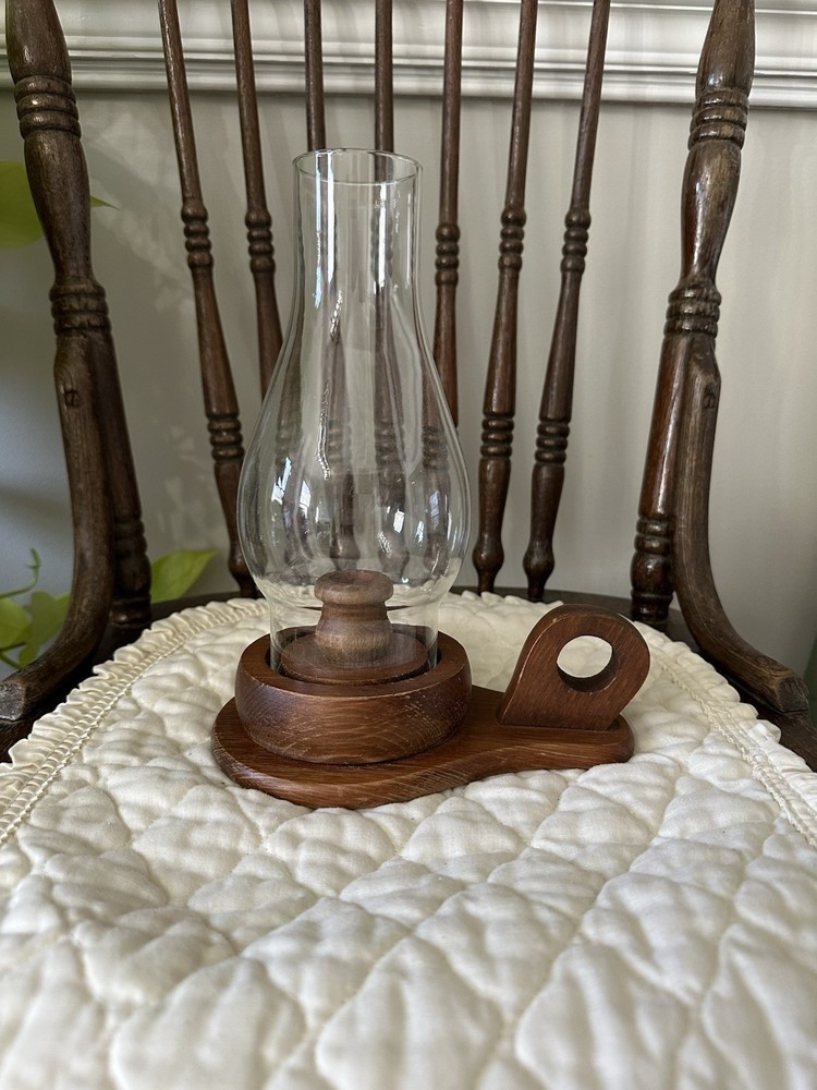 Vintage Handmade Wooden Chamberstick Candle Holder With Hurricane Glass