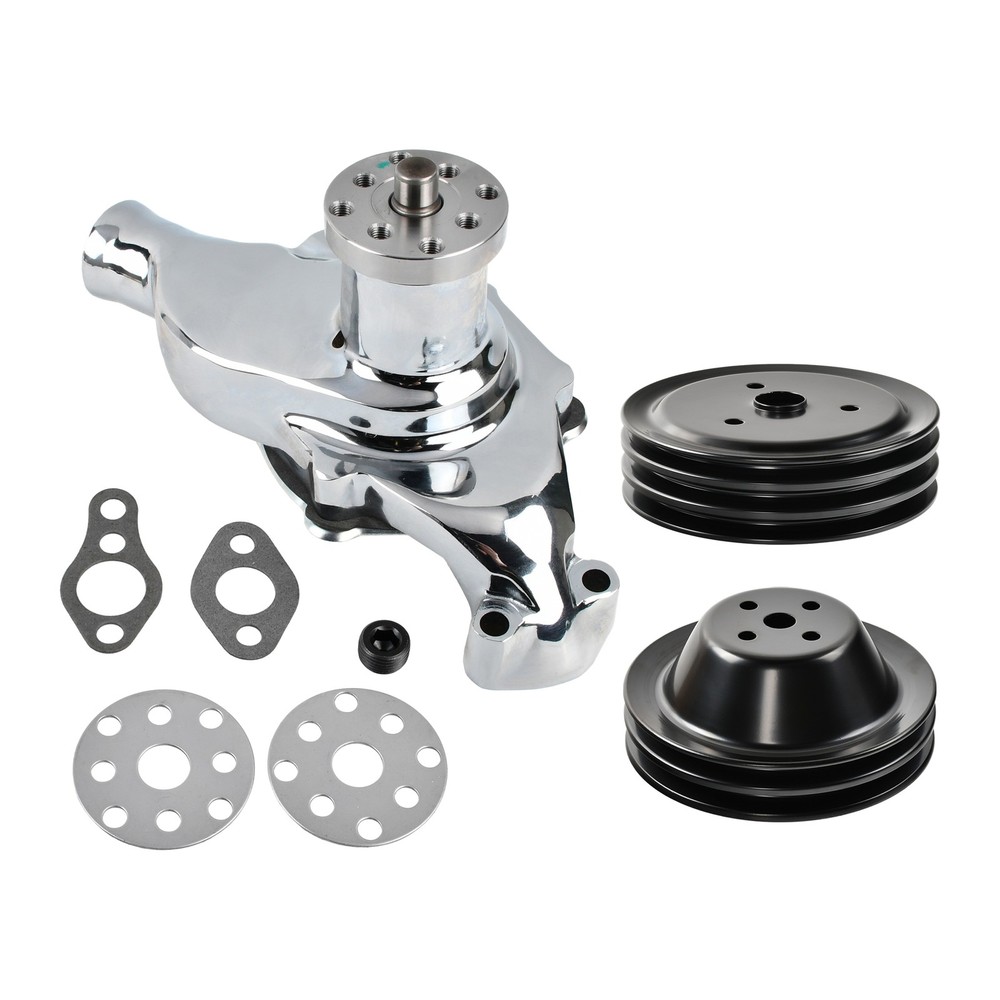 Chrome Short Water Pump & Black 2G Pulley & 3G Crank Pulley SWP for SB Chevy 350