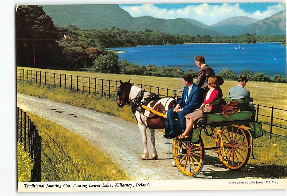 Postcard Traditional Jaunting Car Touring Lower Lake Killarney Ireland