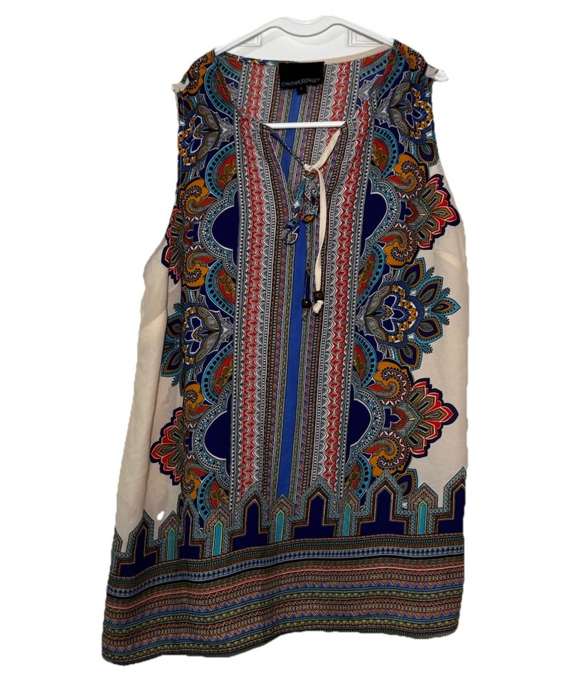 Cynthia Rowley Top Large L Sleeveless Boho Medallion Print Tie Neck Tank Blouse