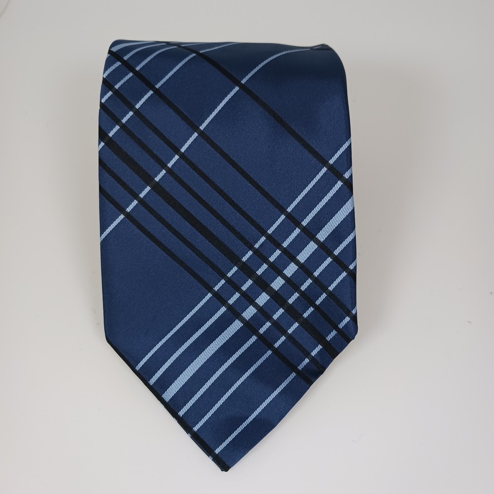 Banana Republic 100% Silk Men’s Classic Tie Blue Black Stripes Plaid Necktie