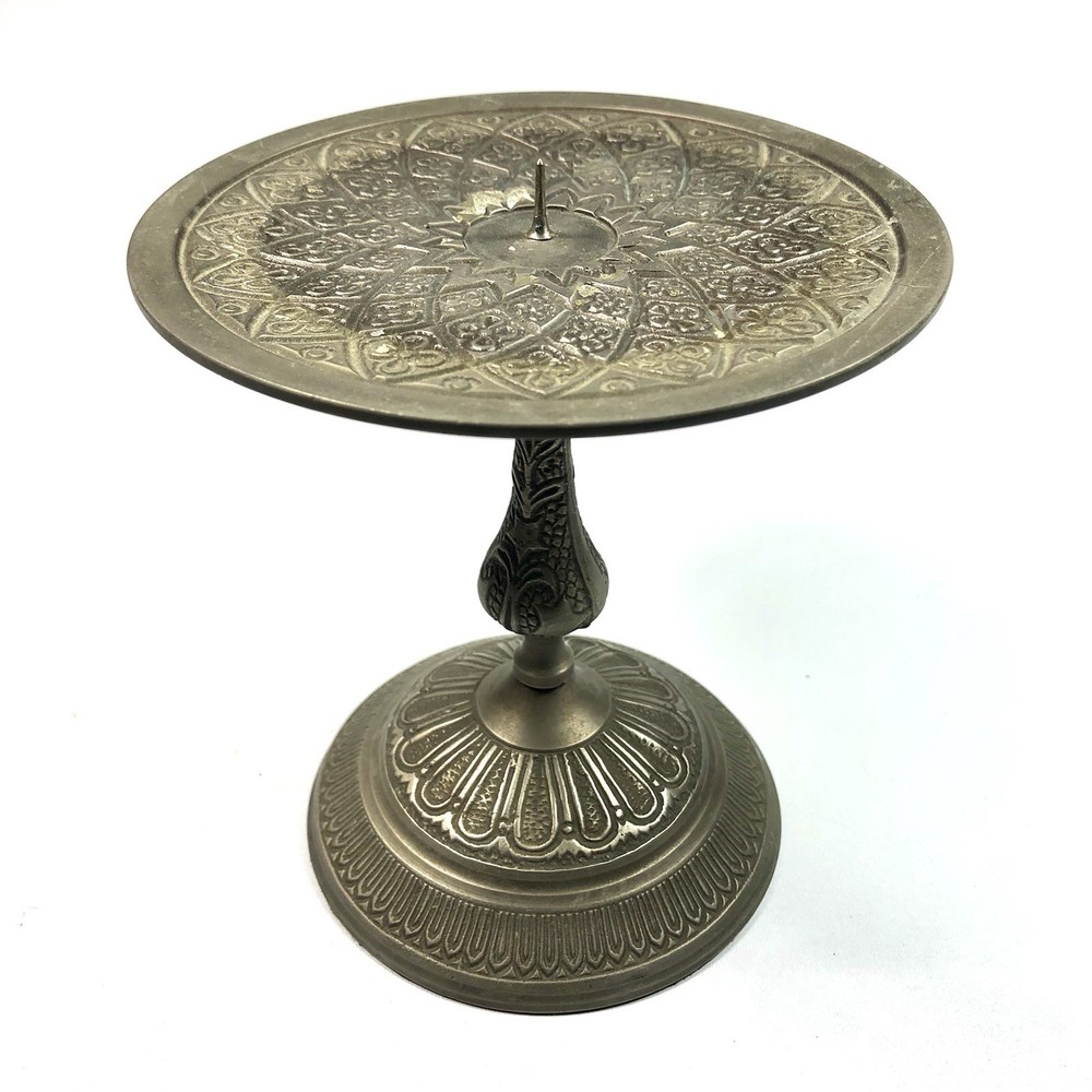 Vintage Silver Tone Metal Pricket Candle Holder Ornate Embossed Pillar Stand