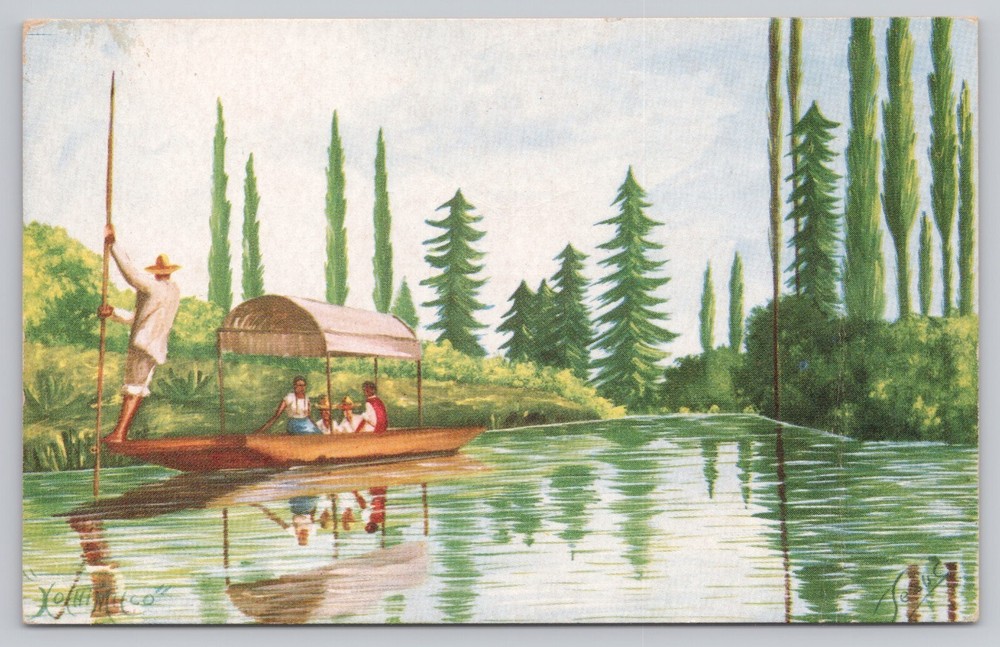 Mexico City Mexico, Xochimilco Canal, Gondola Boat, Vintage Postcard