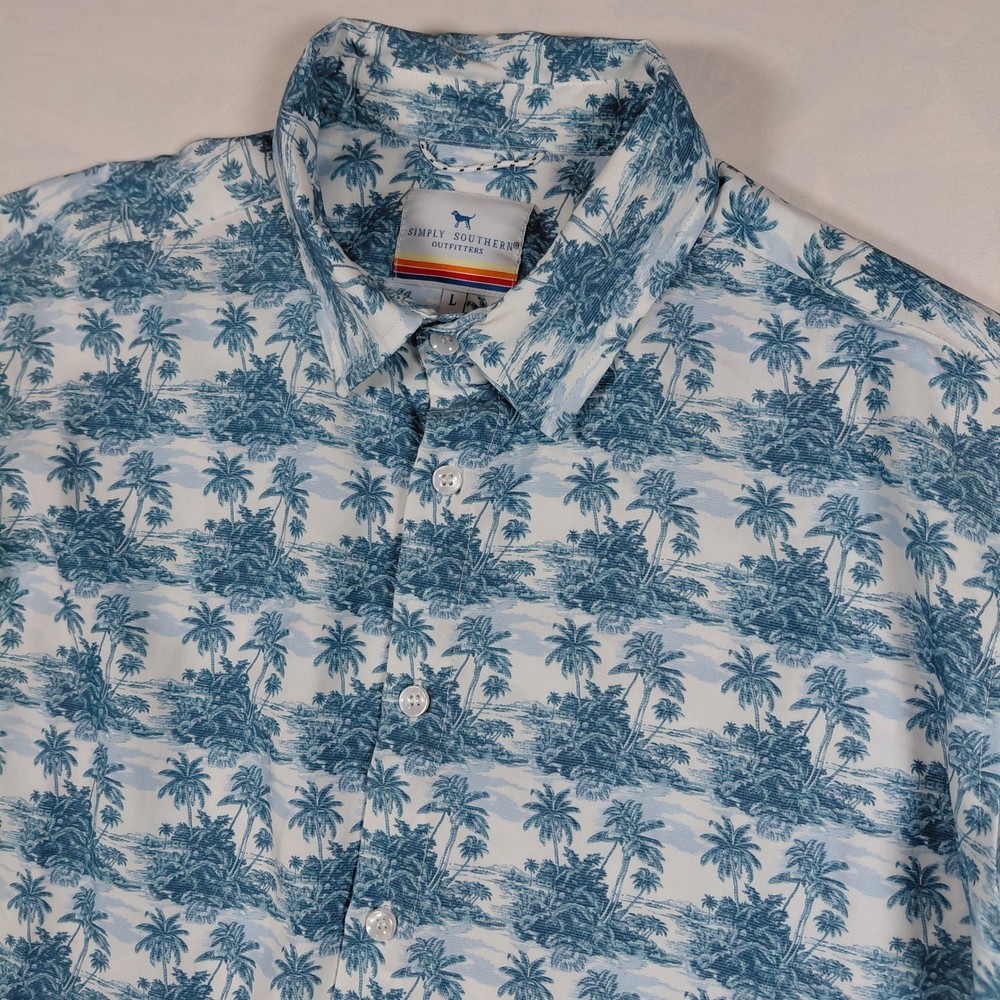 Simply Southern Mens L Tropical Palm Tree Print Short Sleeve Button Up Shirt