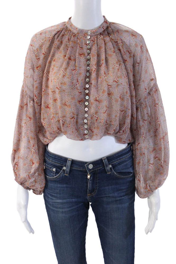 Zara Womens Cropped Paisley Button Up Blouse High Neck Long Sleeve Beige Size SFree Shipping in US $100+ Orders | $6.95 Orders Below