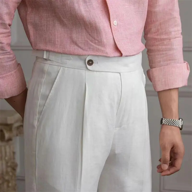 Linen Men High Waist Straight Suit Trousers Lightweight Breathable Casual Pants