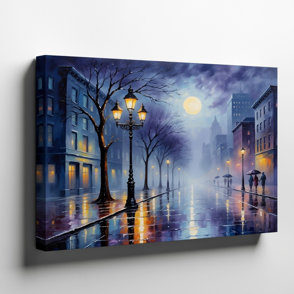 City Street Night Scene Canvas Wall Art with Moon and Lanterns Urban Print Decor