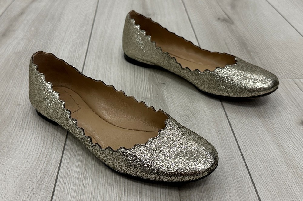Chloe scalloped metallic leather ballet flats Size 37 US 7