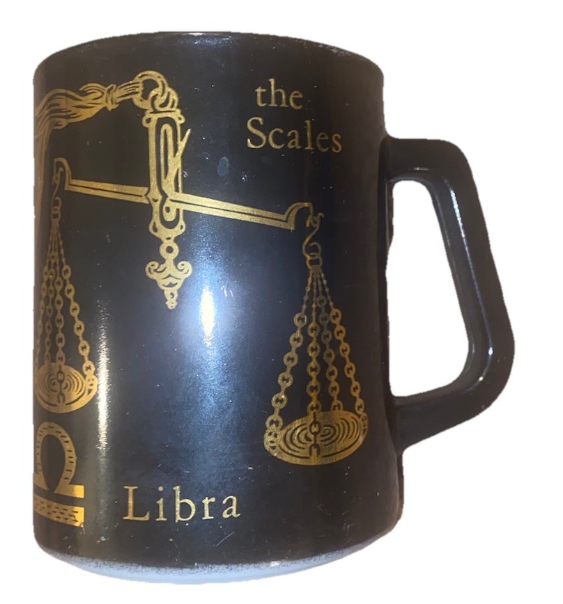 Vtg Federal Milk Glass Black Gold Mug Zodiac Horoscope Libra the Scales Sept/Oct