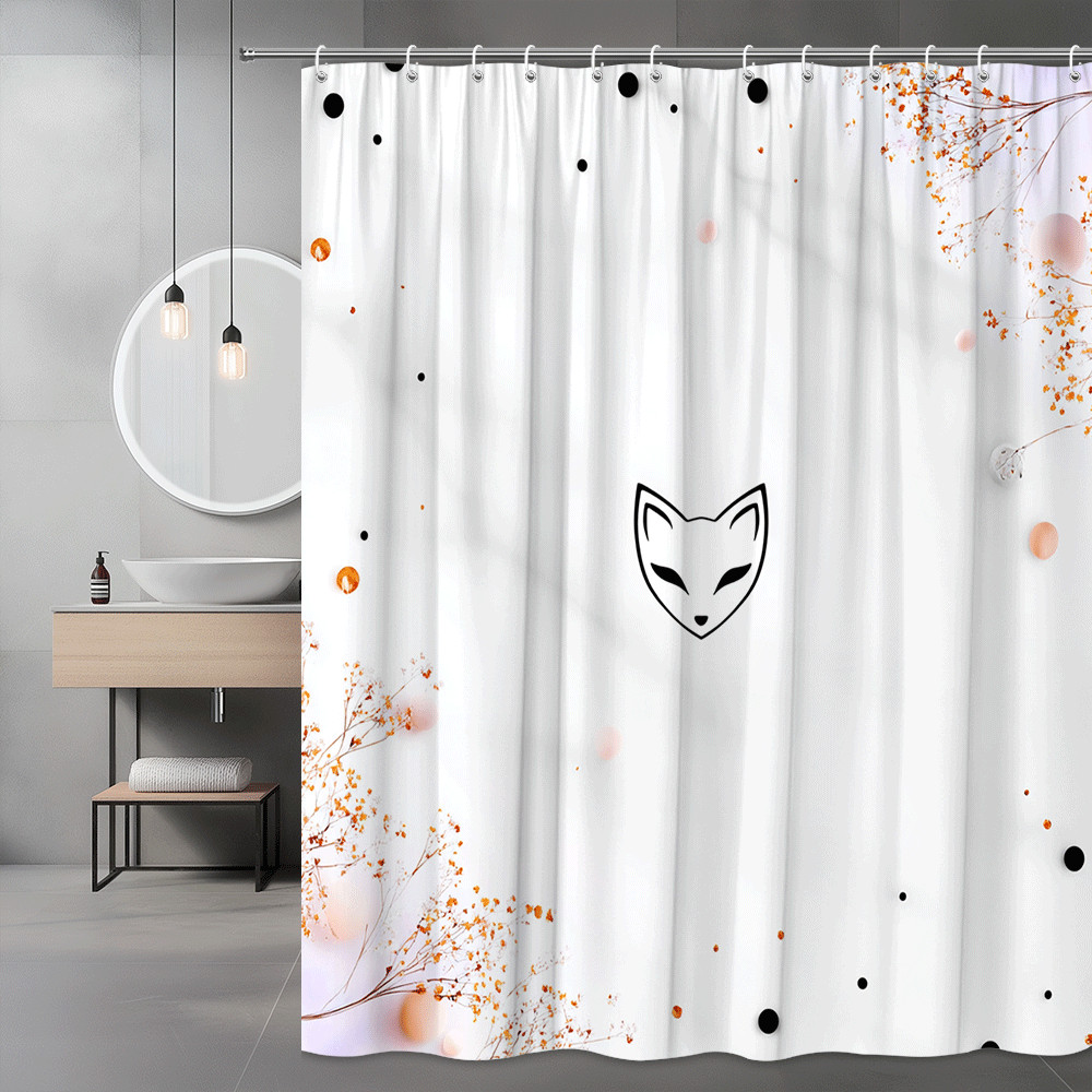 Fox Face Shower Curtain, Black White Orange Floral Graphic Design