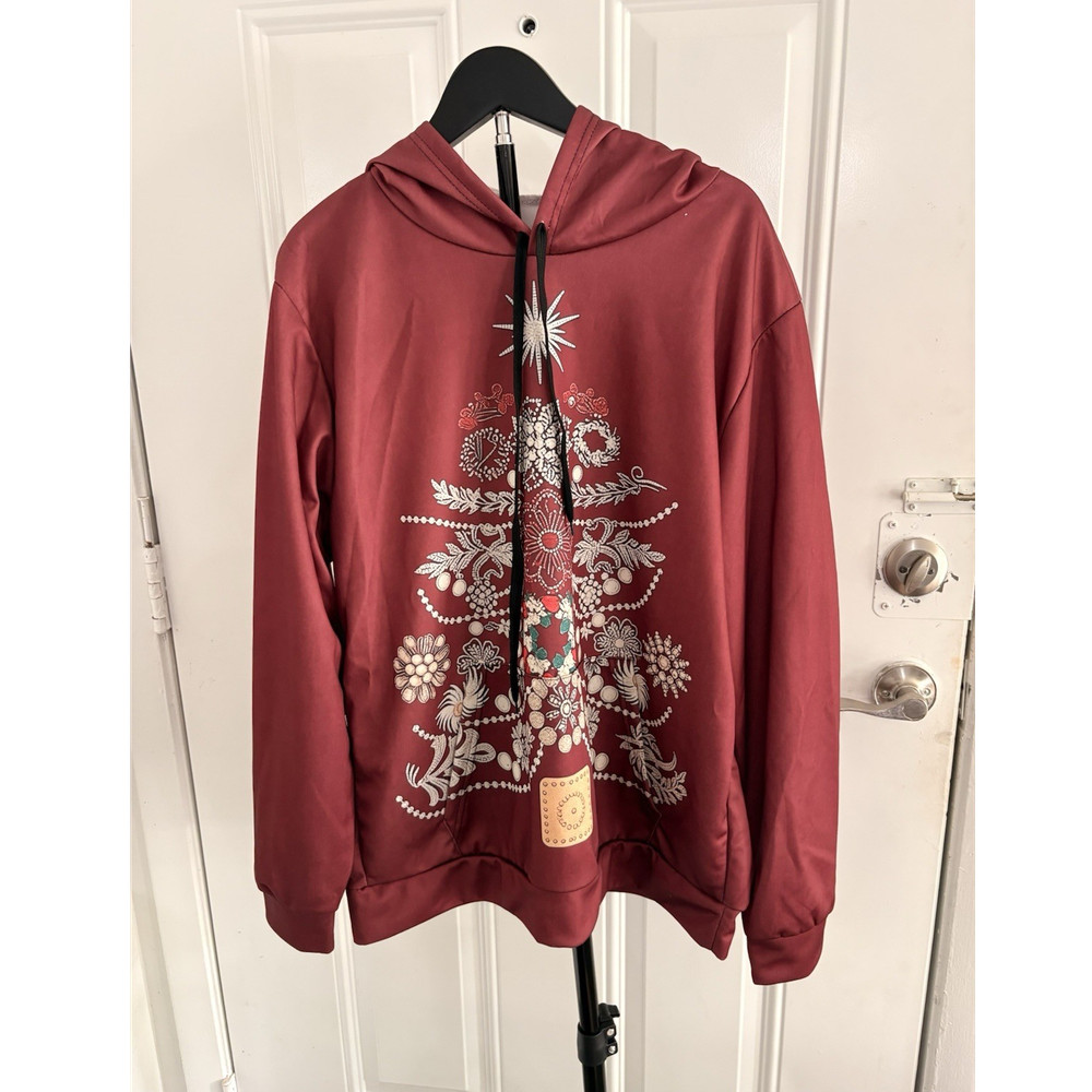 Red Holiday Floral Pullover Hoodie Women’s M Hooded Graphic Print Long Sleeve