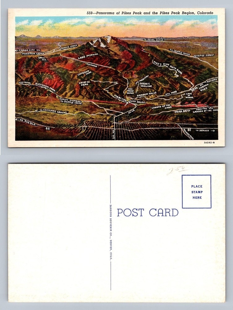 Pikes Peak, CO-Colorado, Panorama Map Scenic Region View Vintage Postcard