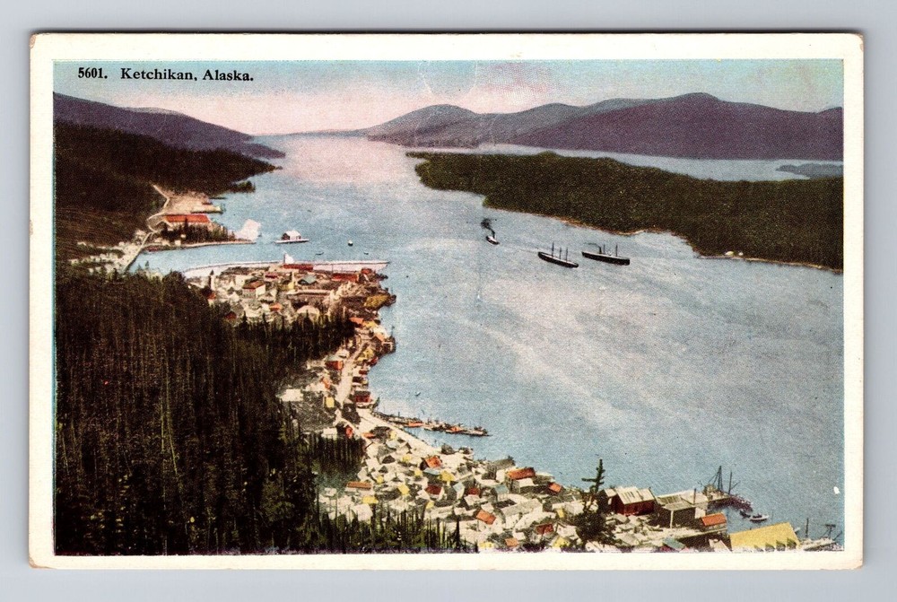 Ketchikan AK-Alaska, Aerial Of Town Area And Water, Antique, Vintage Postcard