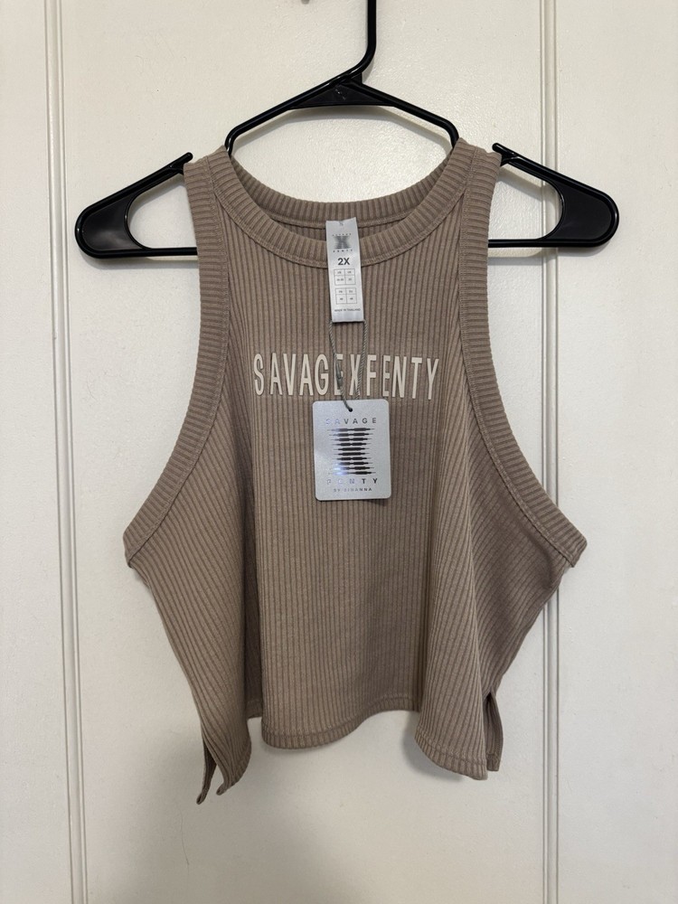NWT Savage X Fenty Essential Heavy Rib Cropped Logo Tank Stone Beige Brown 2X