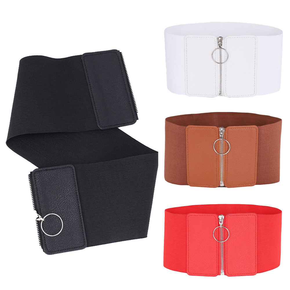 Women's Stretchy Wide Elastic Waist Belt for Dresses - Zip-Up Cinching Waistband