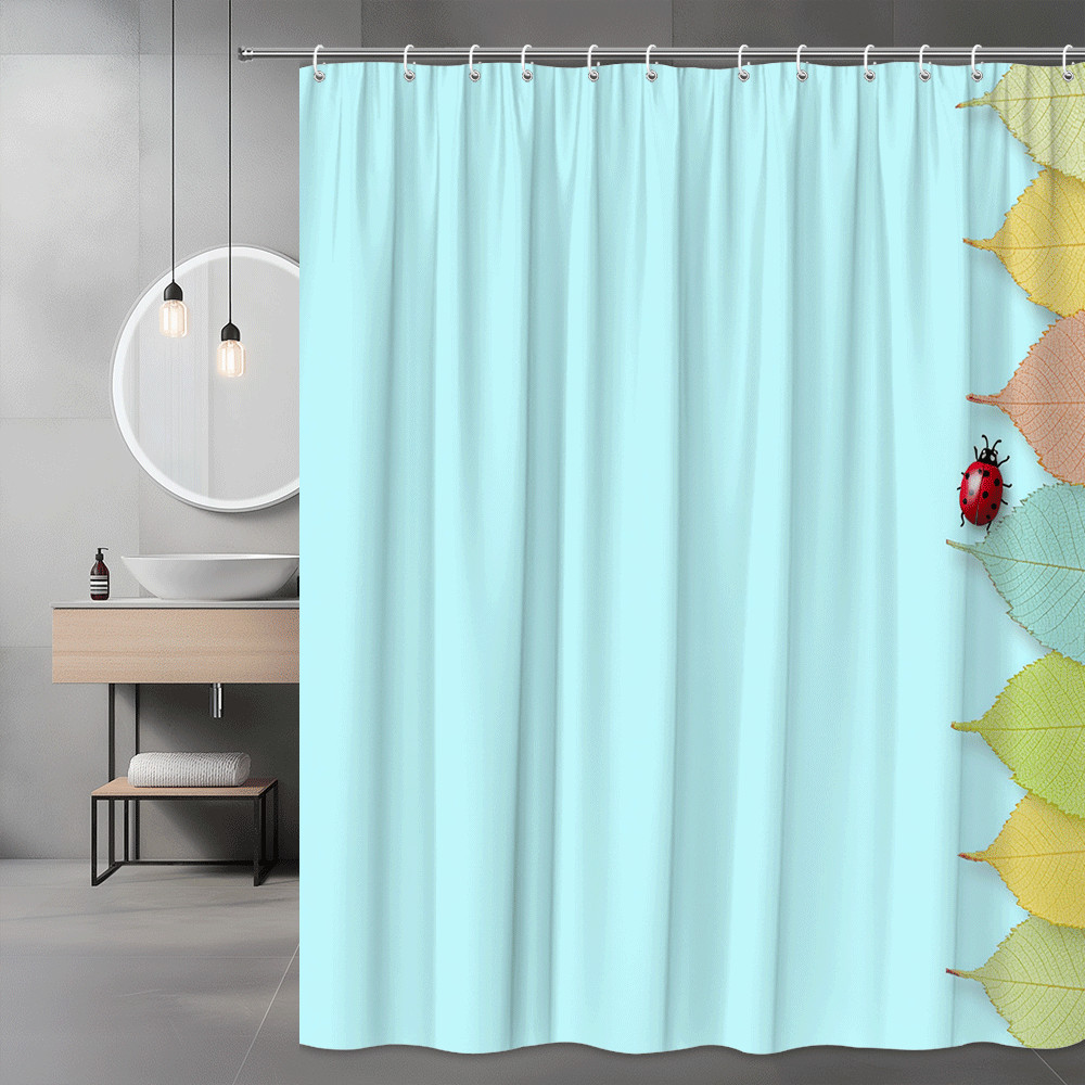 Ladybug Leaf Shower Curtain Blue Floral Nature Print