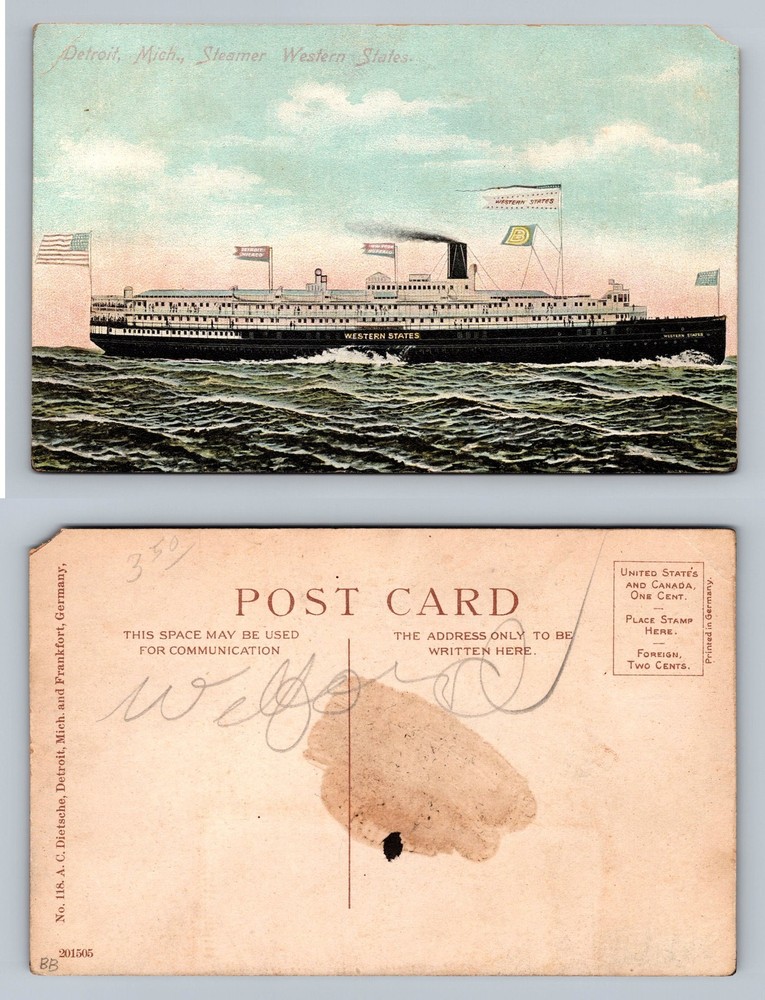 Detroit, MI-Michigan, Steamer Western States Flag Scene PC Vintage Postcard
