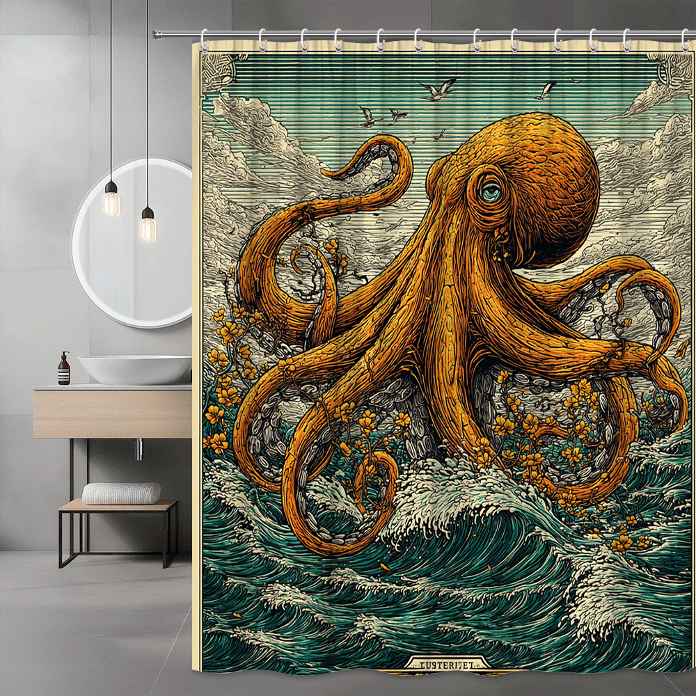Octopus Ocean Shower Curtain Nautical Wave Print