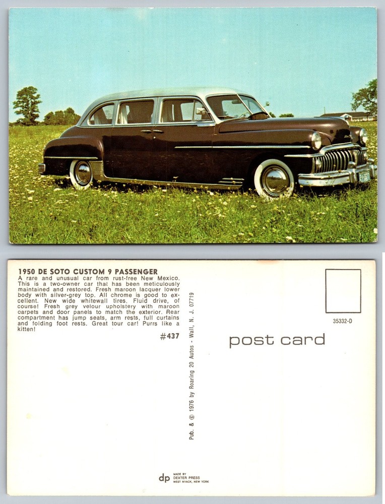 1950 De Soto Custom 9 Passenger Classic Car Postcard Roaring 20 Autos 1976