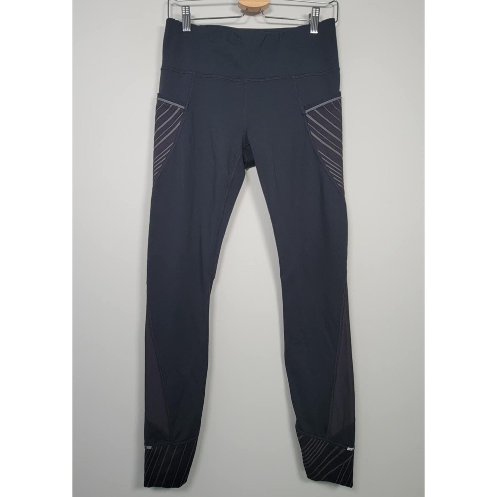 Athleta MT Shimmer Stripe Relay Leggings Women M Tall Mesh Side Pocket Black