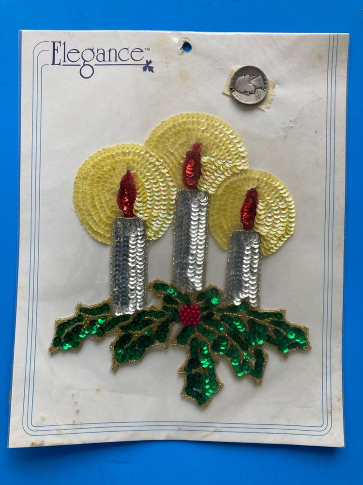 VTG Christmas HOLLY & CANDLES Sequin Applique Fashion Accent PATCH Ornament NOS-image