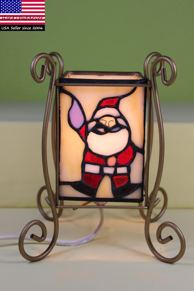 ALSY Christmas 4-Sided Stained Glass Accent Lamp Lighted Santa & Stocking, 15W-image