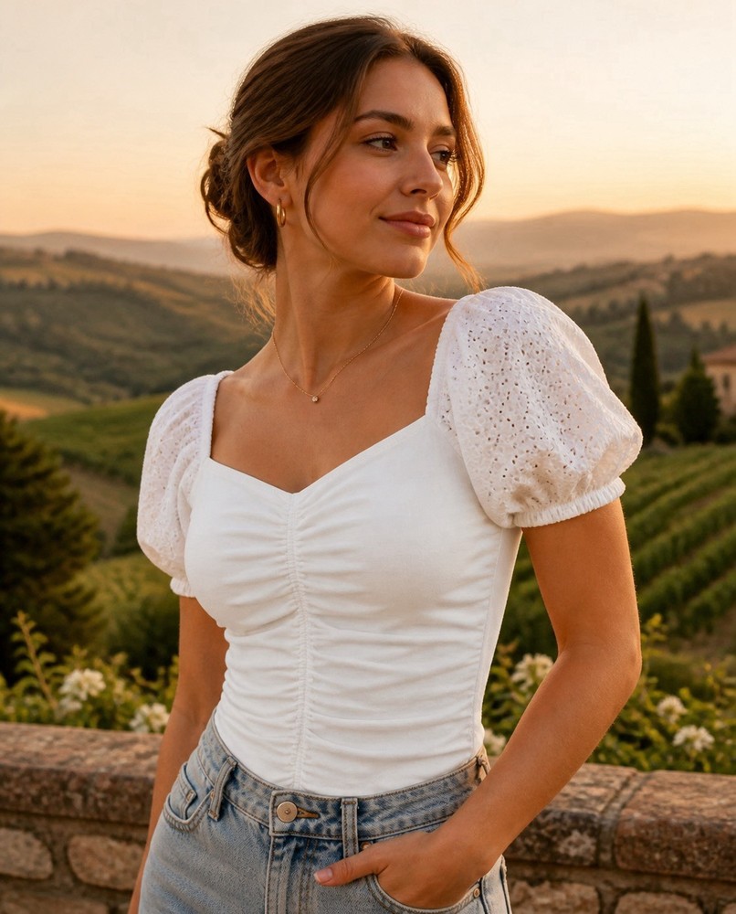 GAP Women’s White Eyelet Smocked Ruched Puff Sleeve Square Neck Blouse | XL Tall