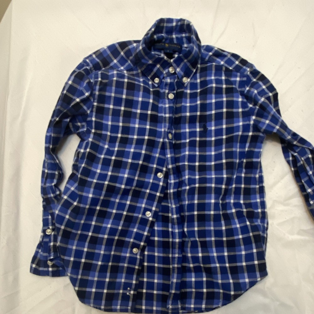 Ralph Lauren Boys Blue Plaid Long Sleeve Cotton Button-Down Shirt Size 5